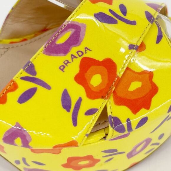 Prada Yellow Floral Patent Leather Chunky Platform Block Heel Sandal size IT 37 - Picture 7 of 14